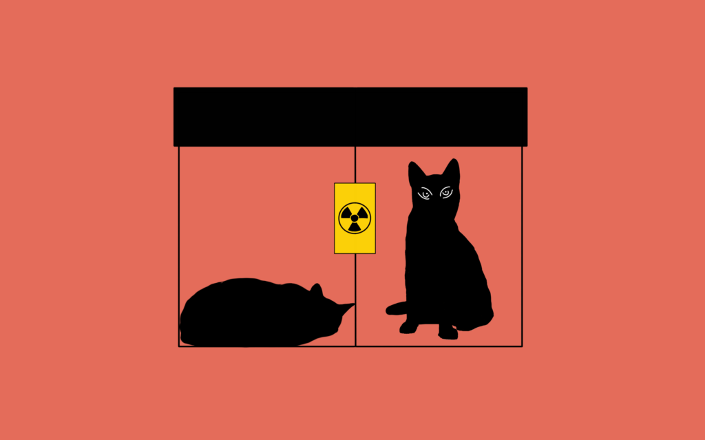 In Schrödinger's experiment, a cat is placed in a sealed box along with a radioactive substance and a device that can detect the decay of the substance.